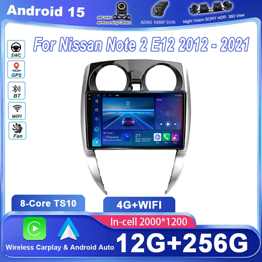 Android 15 Carplay For Nissan Note 2 E12 2012-2021 Auto Radio Stereo GPS Navigation Multim