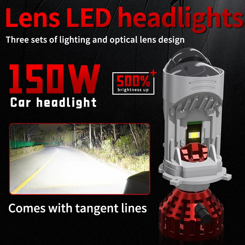 H4 LED Projector lens Car Headlights 150W 6000K 9003 HB2 Auto Lights Bulb H4 High Low Turb