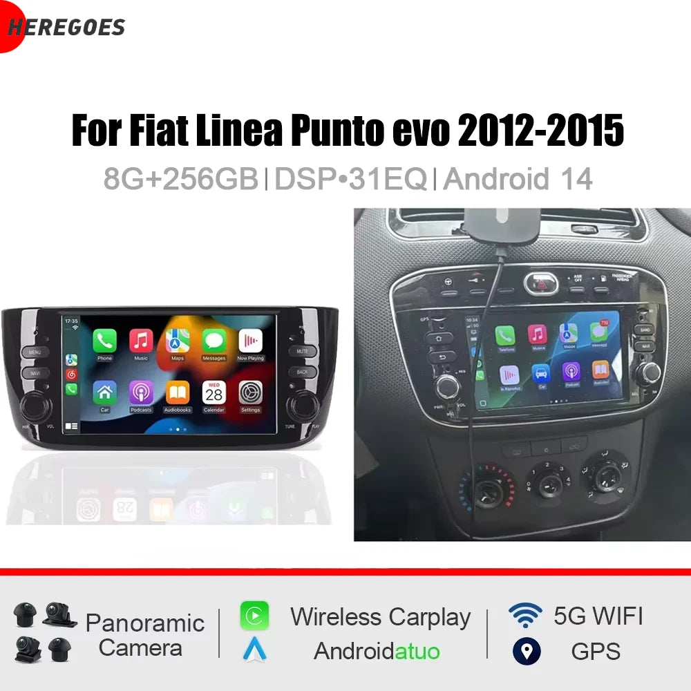 7" CarPlay Android 15.0 8 Core 12GB RAM 256GB ROM Car Radio GPS Navigation for Fiat Linea Punto Evo 2012-2015 - Multimed