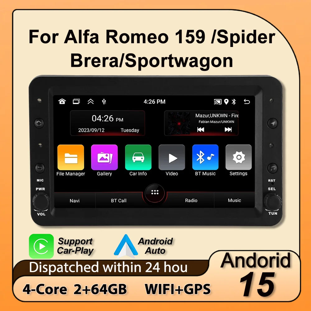 For Alfa Romeo 159 Brera Spider Sportwagon Android 15 Car Radio Carplay Central Multimedia