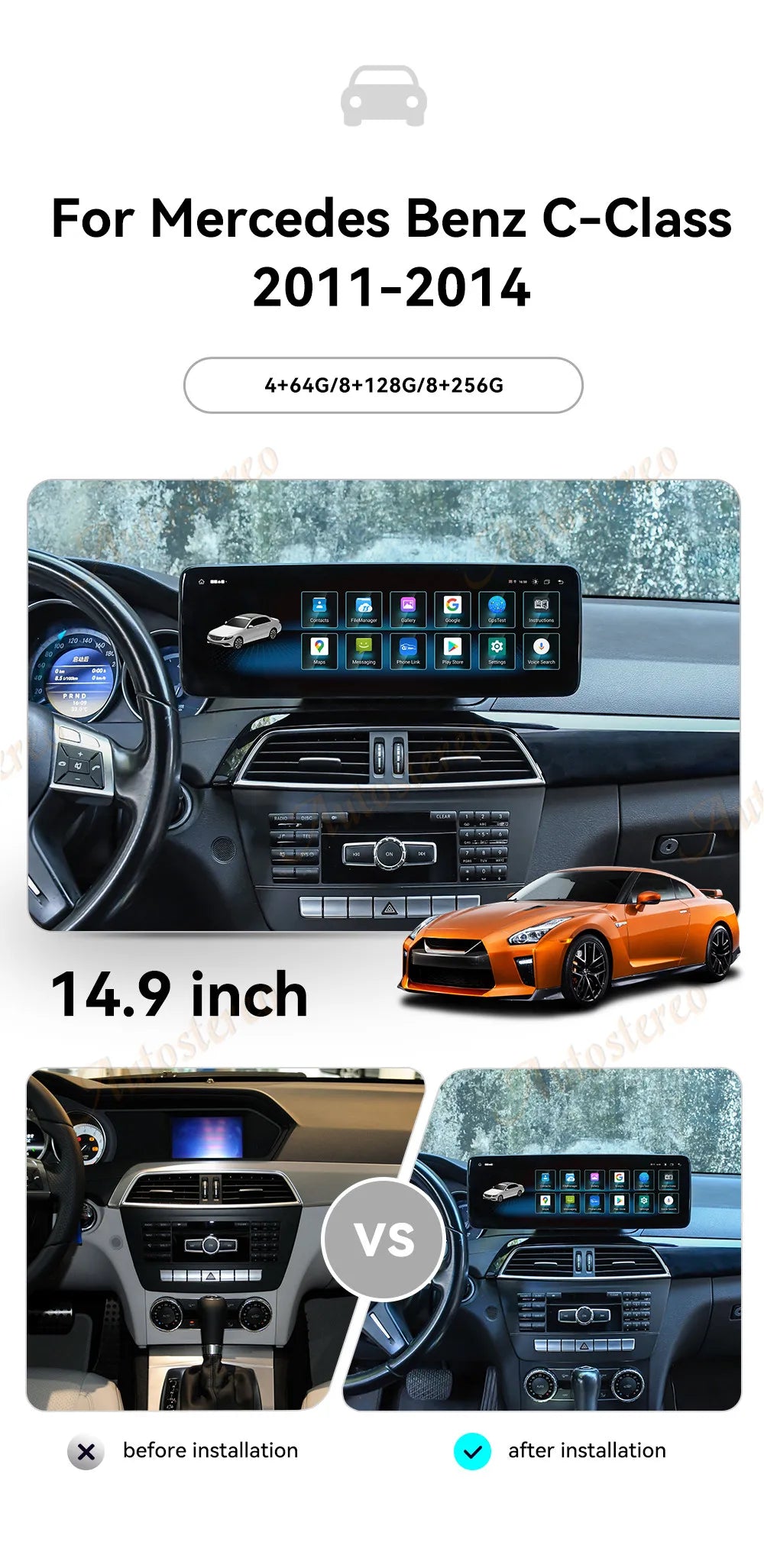14.9 Inch Android 14 Carplay For Mercedes Benz C Class W204 NTG4.5 2011-2014 Car GPS Navig
