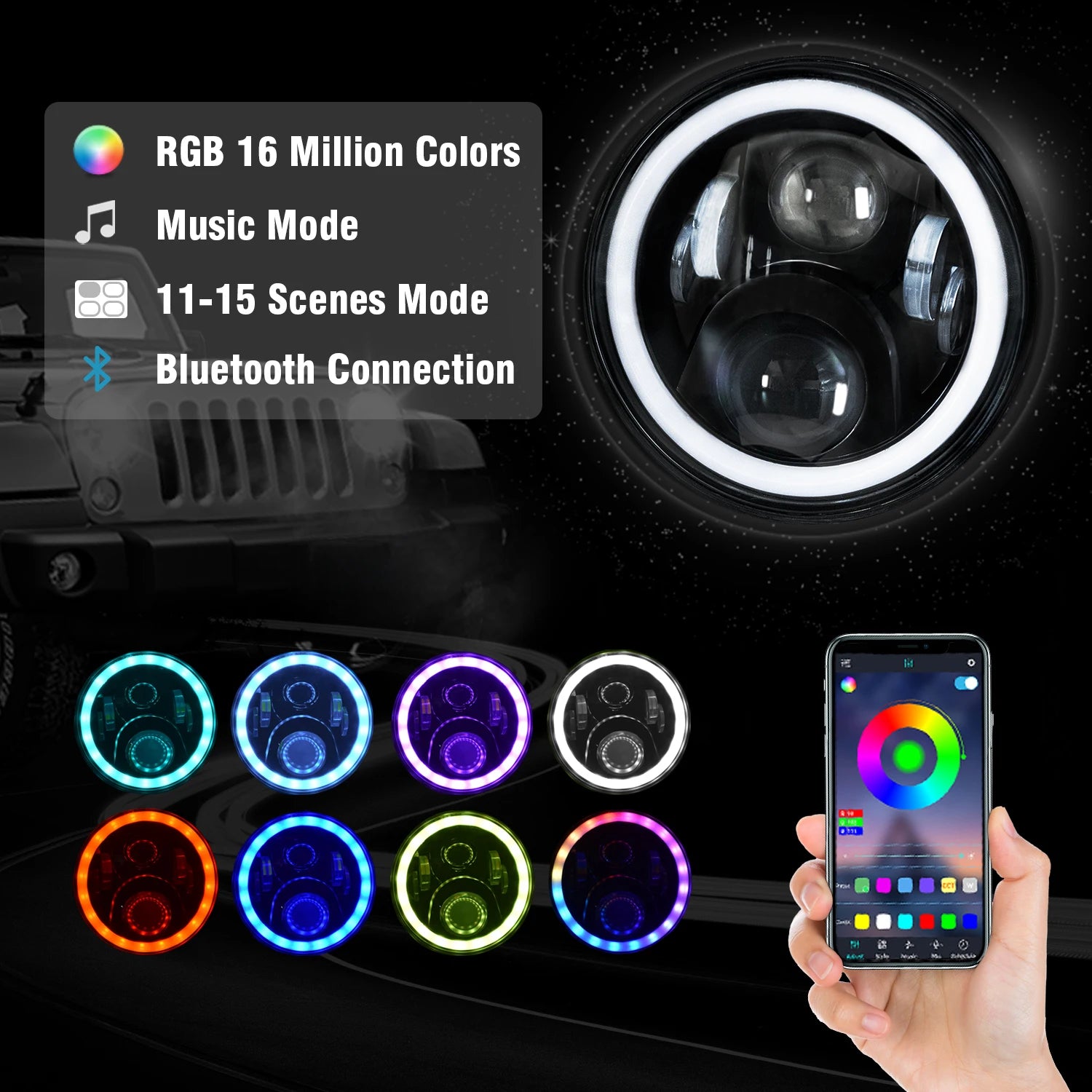 7Inch Round APP Control Car LED Headlights RGB Halo Ring Angel Eyes Off Road H13 H4 LED La