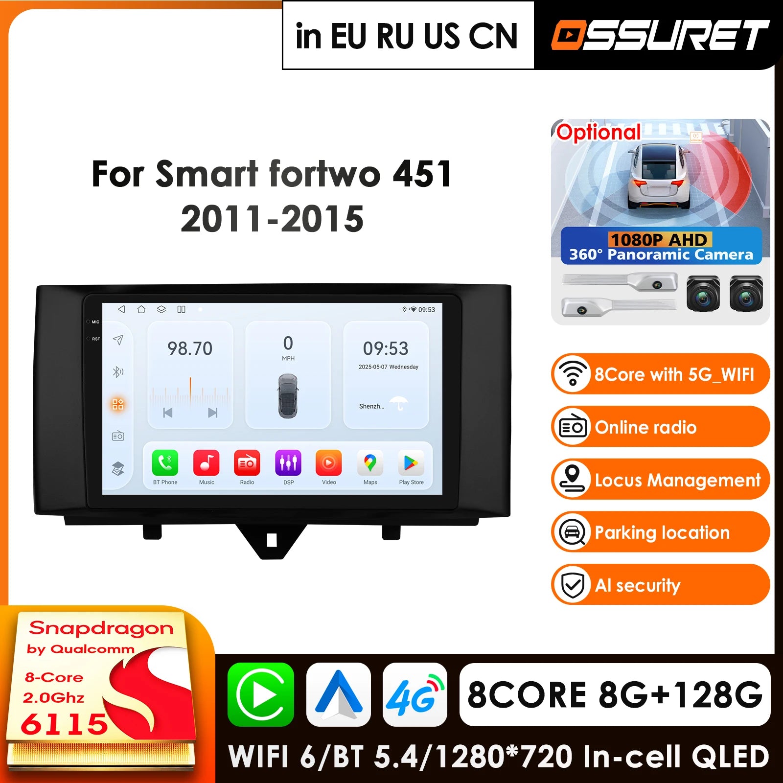 9" Car Radio GPS for Smart Fortwo 2011-2015 Android Auto Carplay Multimedia Stereo - 2Din DSP Navigation