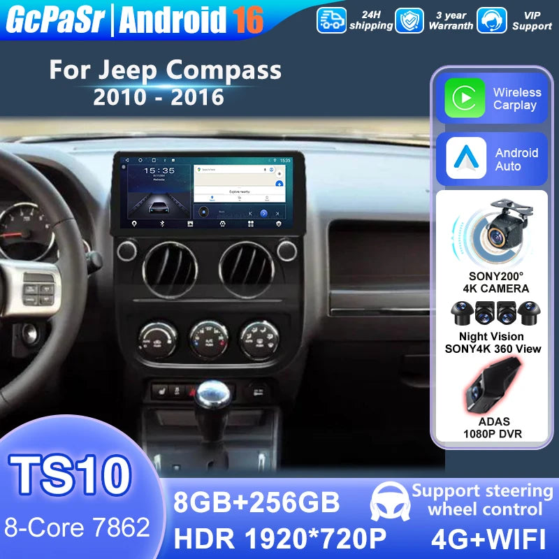 12.3" Android Carplay Car Radio For Jeep Compass 2010 - 2016 Car Navigation Multimedia Pla