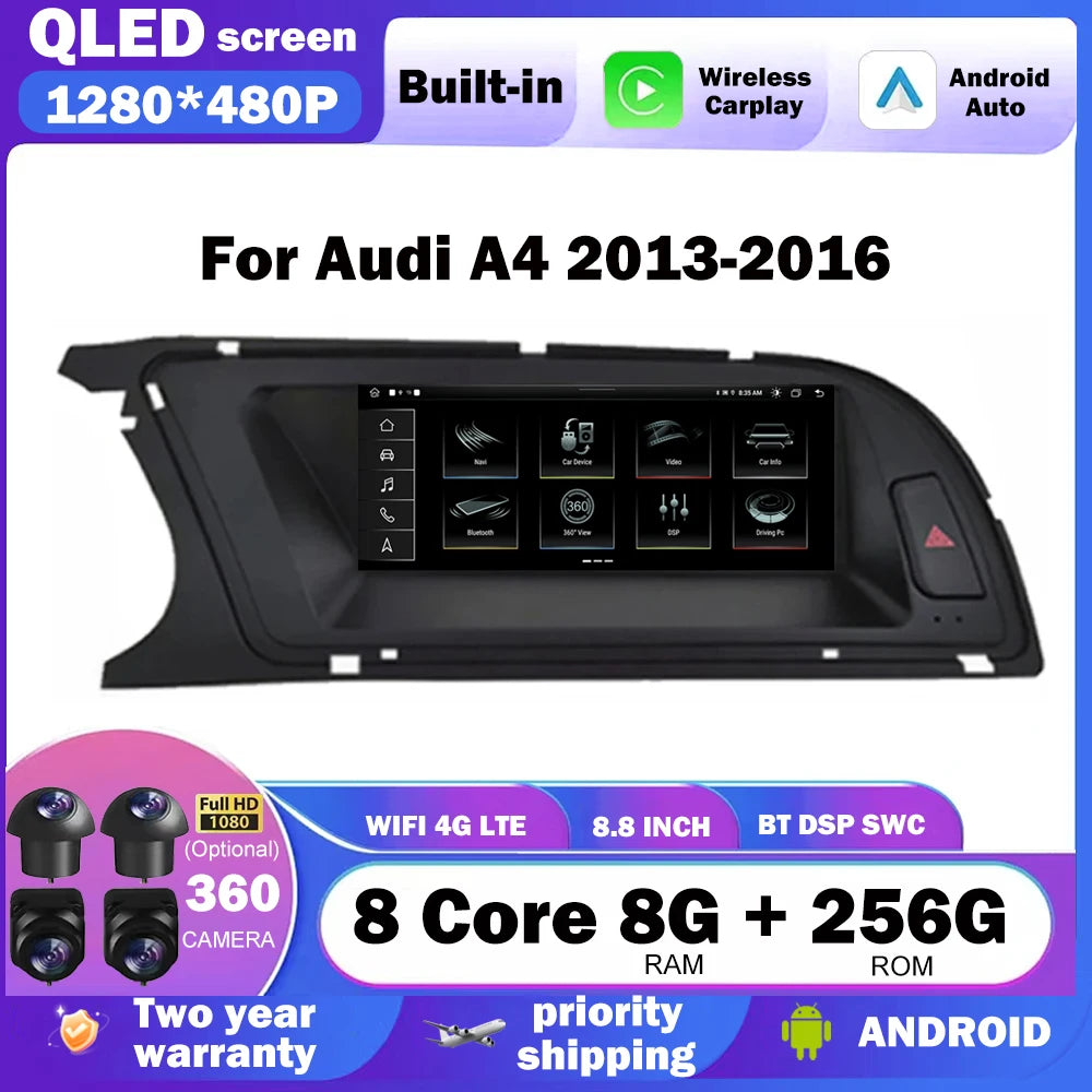 Car Radio Multimedia Player QLED 1280*480P 8.8 Inch For Audi A4 2013-2016 BT Carplay Andro