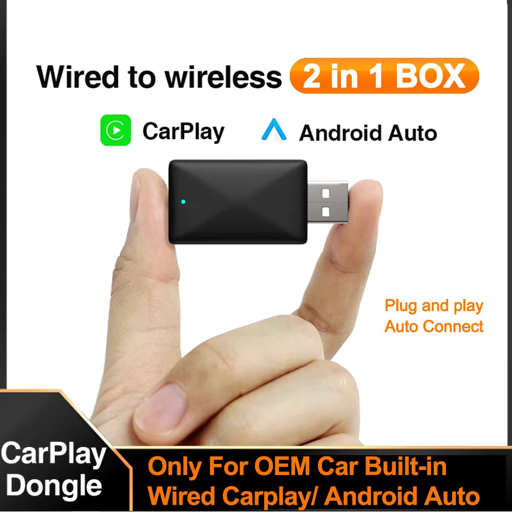 2in1 Wired to Wireless CarPlay Android Auto Adapter for OEM Car Stereo With USB Plug and P