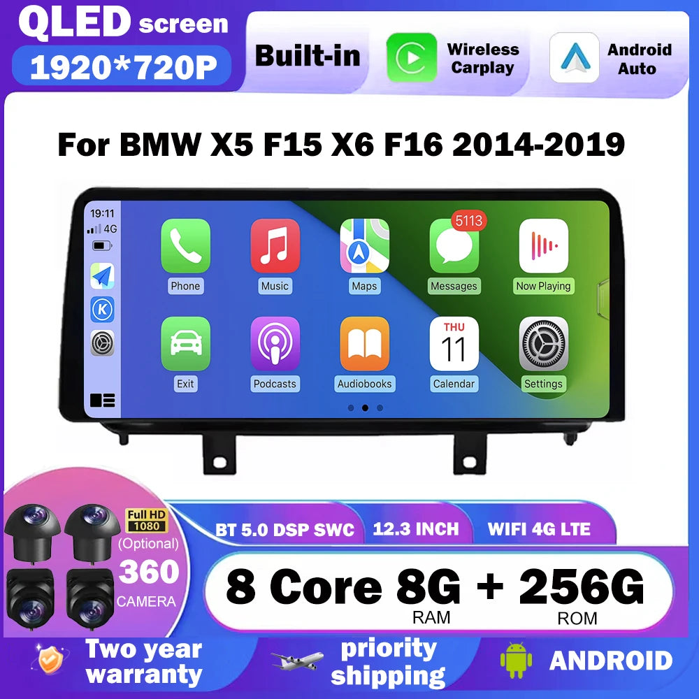 Car Stereo Radio Multimedia 12.3" Android Auto Carplay For BMW X5 F15 X6 F16 2014-2019 Wir