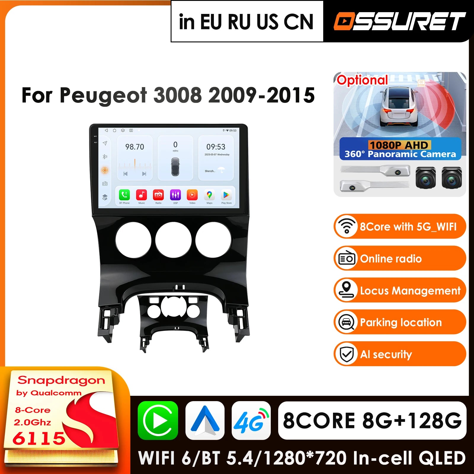 9" QLED 2Din Android Car Radio GPS Navigation for Peugeot 3008 2009-2015 - CarPlay 4G LTE RDS AI
