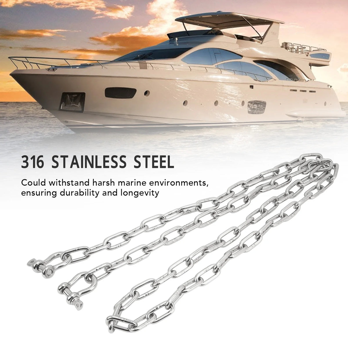 6.6ft Anchor Lead Chain Marine 316 Stainless Steel Central Ring Anchor Chain with Double 5/16in  - Automotive LED Light