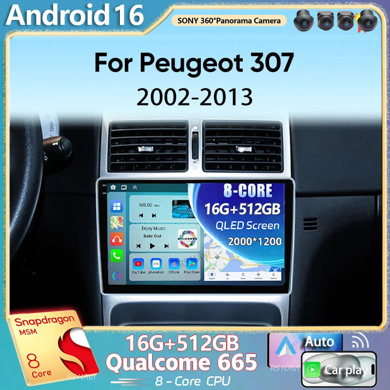 Android 16 For Peugeot 307 307CC 307SW 2002-2013 2K QLED Android Car Radio Multimedia Vide