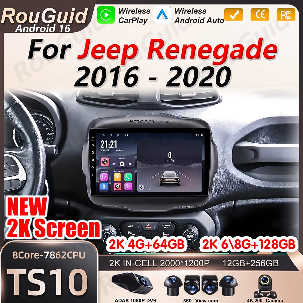 Android 16 Carplay Car Radio For Jeep Renegade 2016 2017 2018 2019 2020 GPS Car Stereo 2K  | AUTOKITSHOP