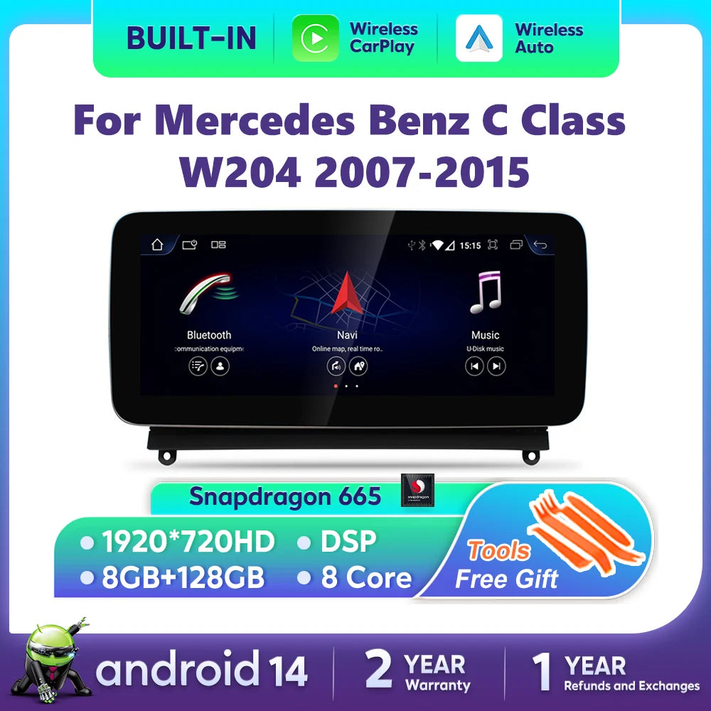 Qualcomm Wireless Carplay Android 14 For Mercedes Benz C Class W204 2007-2015 Car Multimed