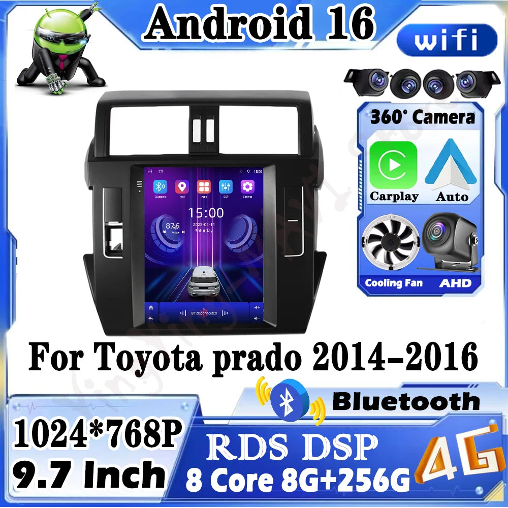 4G 9.7" Touch Screen For Toyota prado 2014-2016 Car Carplay Auto Android 16 Radio Navigati