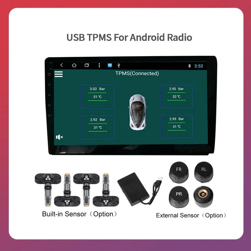 Smart USB Android Wireless TPMS Tire Pressure Monitoring System 5V Internal External for N