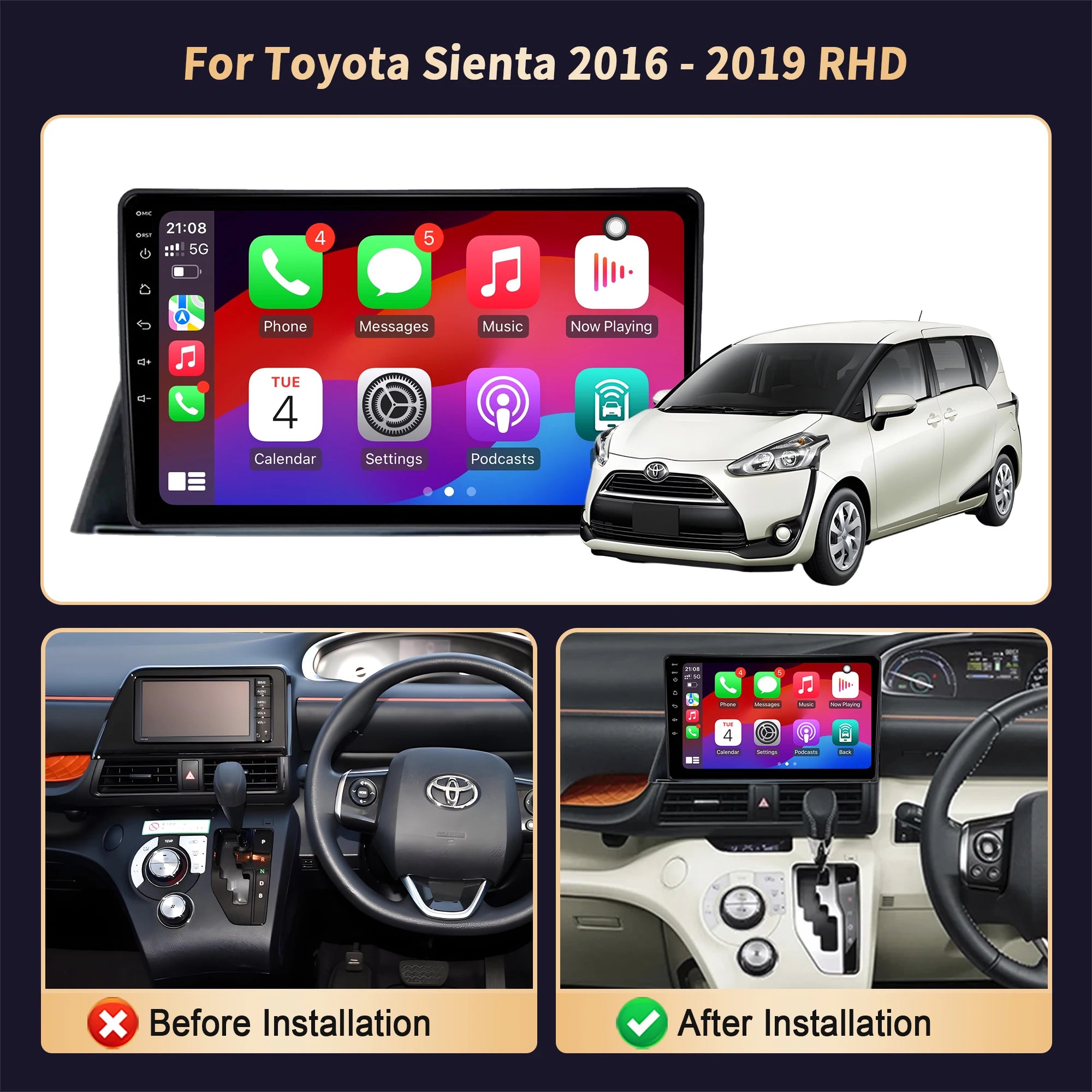 Android 14 Car Radio For Toyota Sienta 2016-2019 Right Hand Drive Wireless Bluetooth Carpl