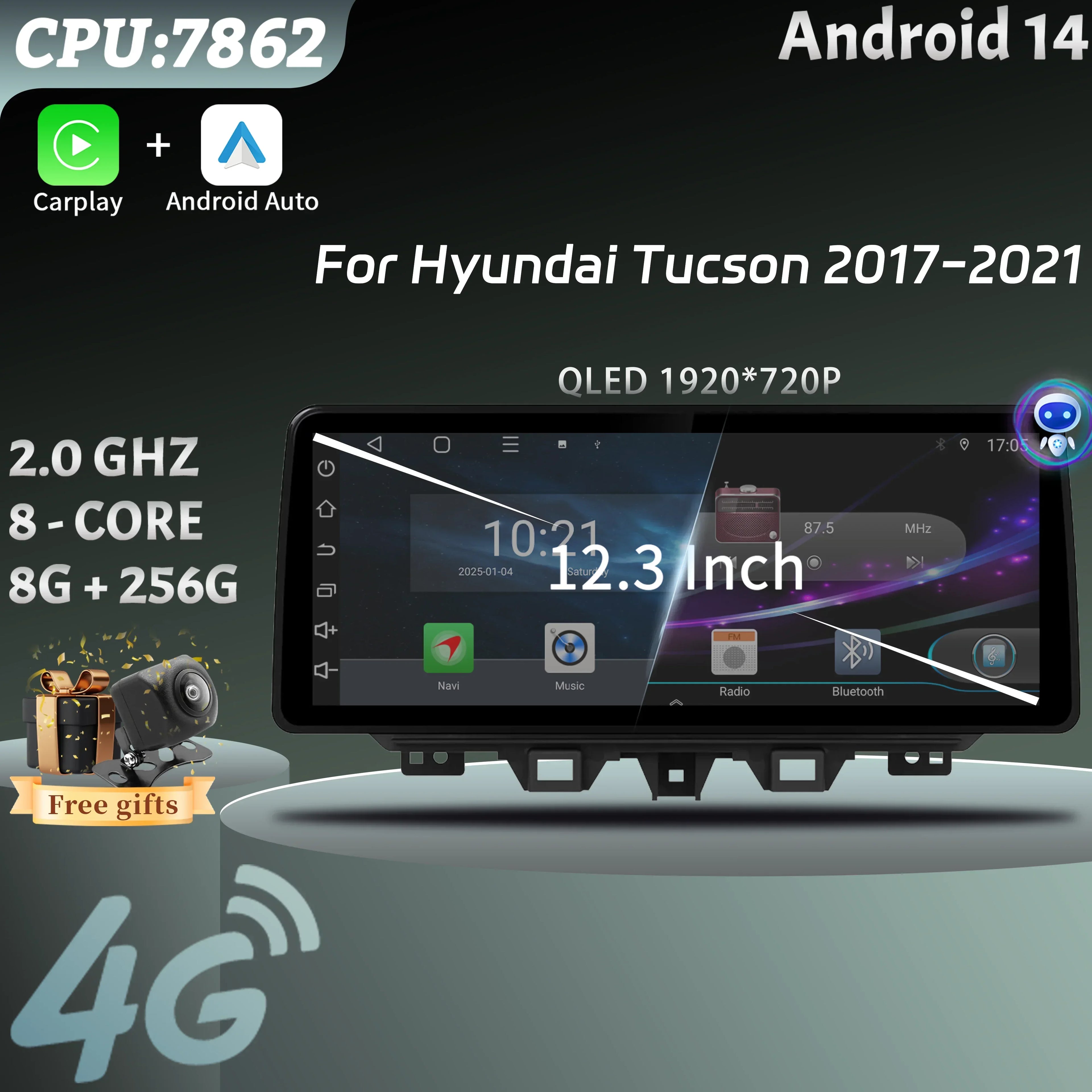 12.3 inch For Hyundai Tucson 2017-2021 Car Radio Multimedia Navigation Wireless BT CarPlay