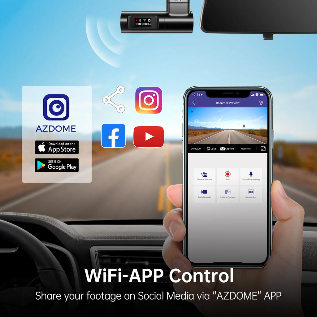 AZDOME M330 Car DVR 1296P Dash Cam Smart Voice Control WiFi Free APP G-sensor Emergency Record Parking Monitor Loop Recording