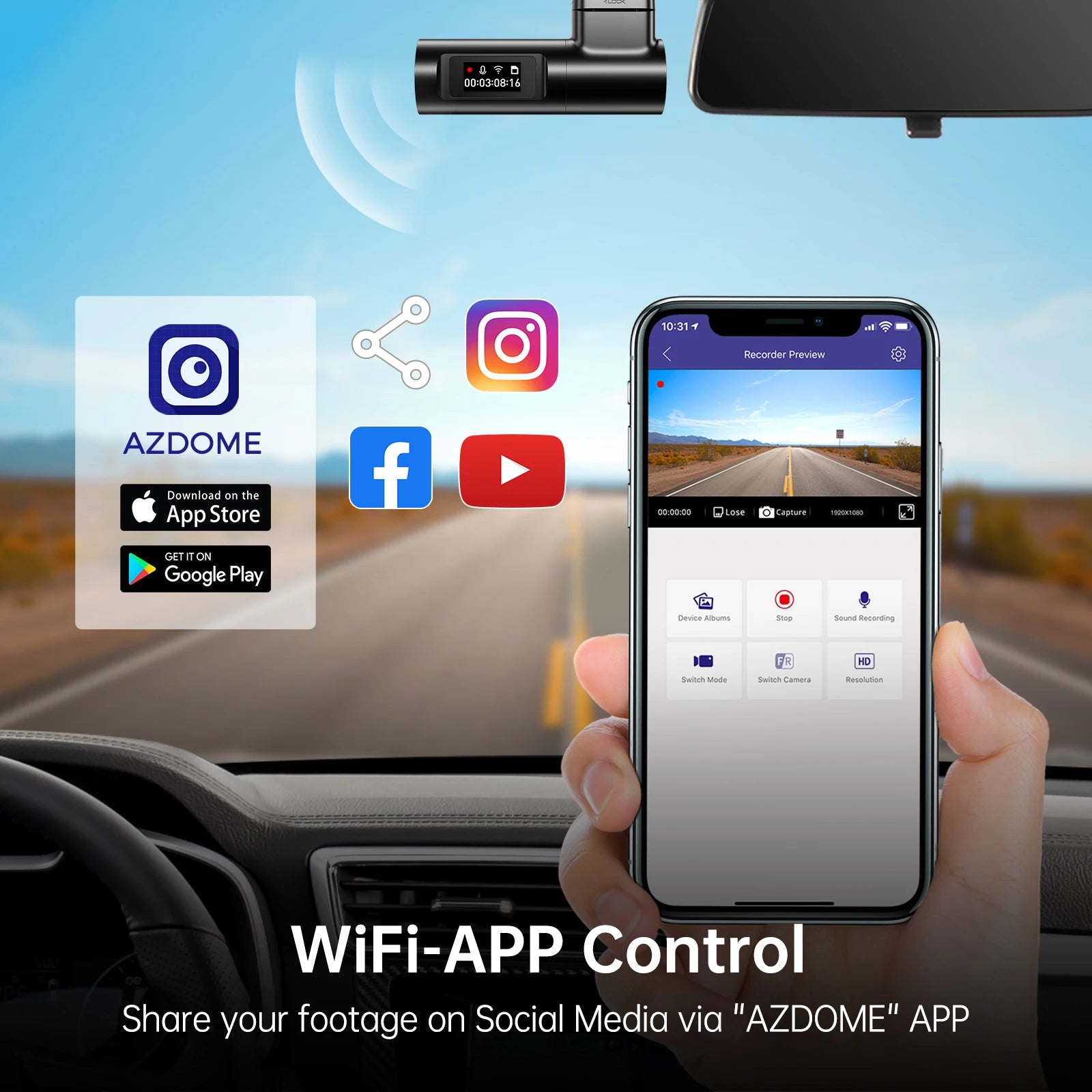 AZDOME M330 Car DVR 1296P Dash Cam Smart Voice Control WiFi Free APP G-sensor Emergency Record Parking Monitor Loop Recording