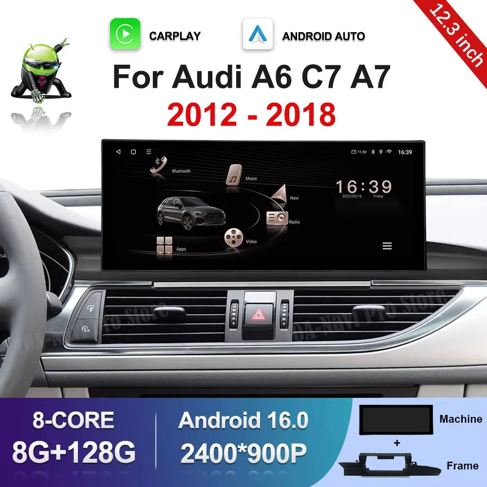 12.3 inch Android 16 for Audi A6 C7 A7 2012 - 2018 GPS Navi BT HD Screen Wireless Carplay