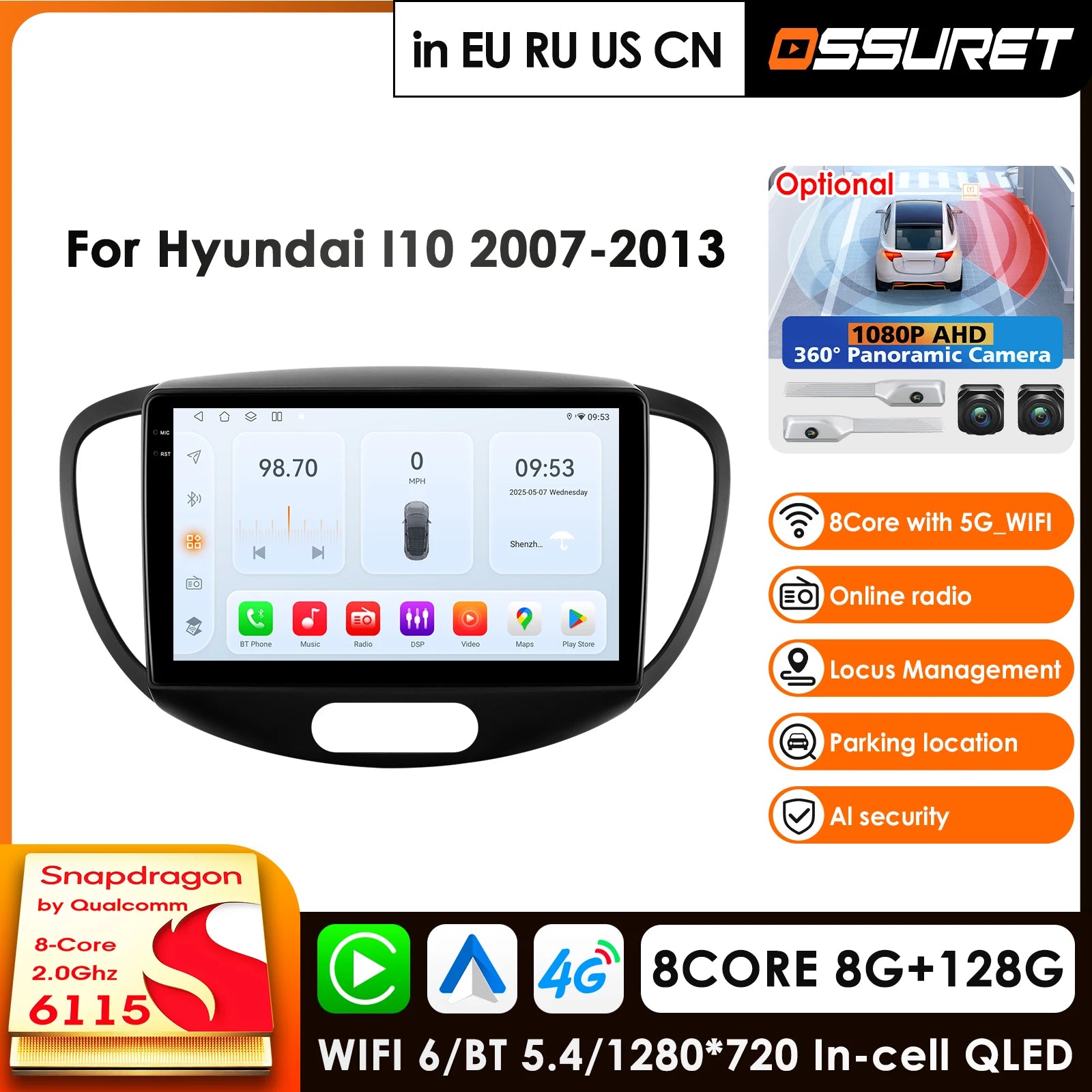 2Din 360 Camera Car Intelligent System Android 14 Car Radio for Hyundai I30 2007-2013 Multimedia Player Autoradio Carpla