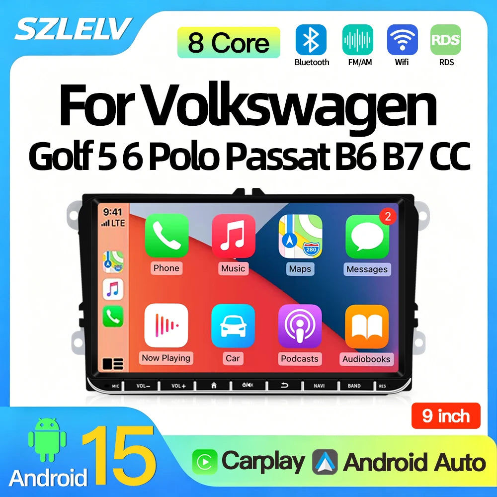 SZLELV 2Din Car Radio Android 15 For Volkswagen Golf 5 6 Polo Passat B6 CC Skoda Jetta Uni