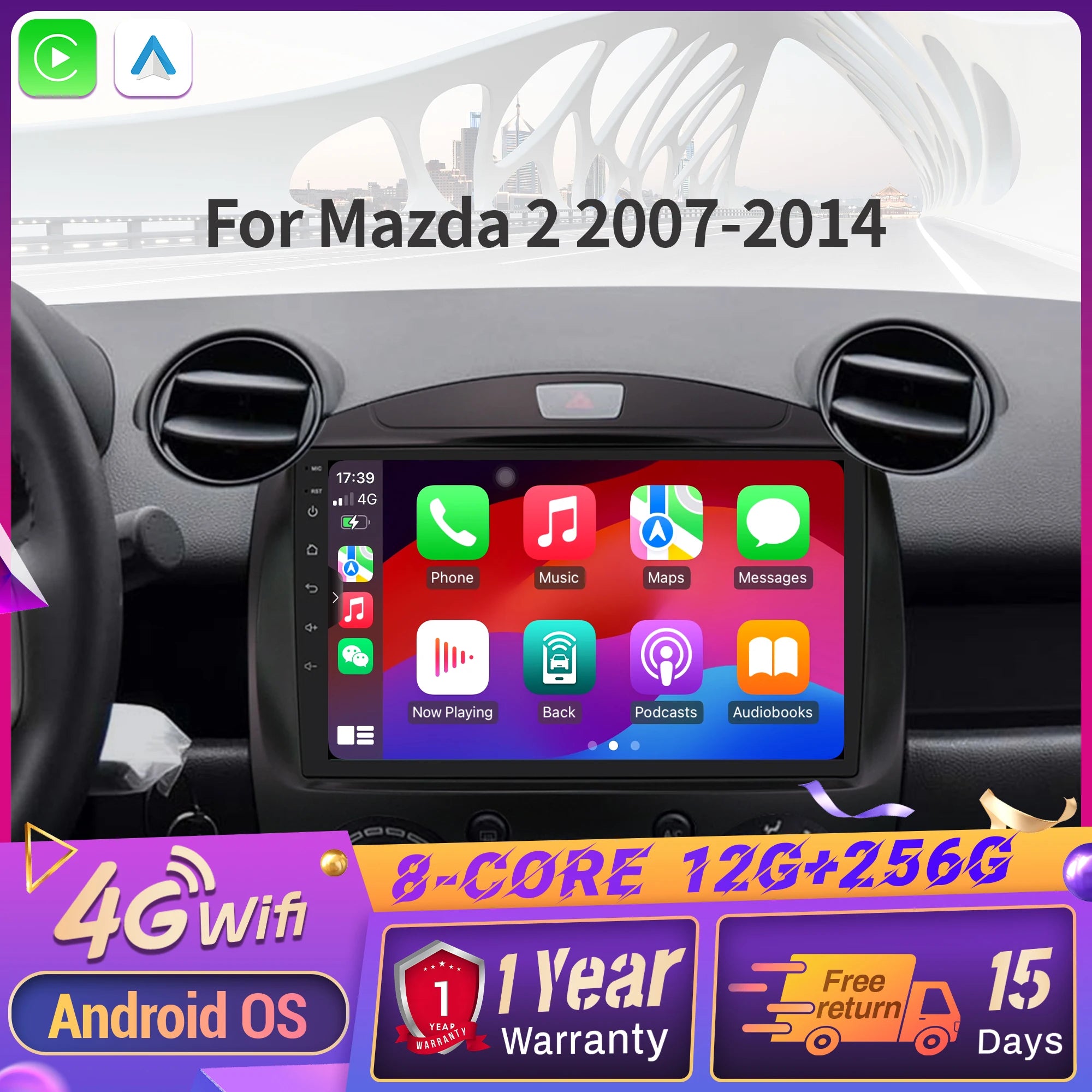 For Mazda 2 2007-2014 Android 14 Multimedia Navigation Car Radio 4G GPS Wireless CarPlay T