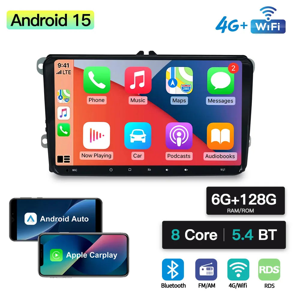 SZLELV Android 15 Auto Car Radio CarPlay GPS For VW Volkswagen Skoda Octavia Golf 5 6 Tour