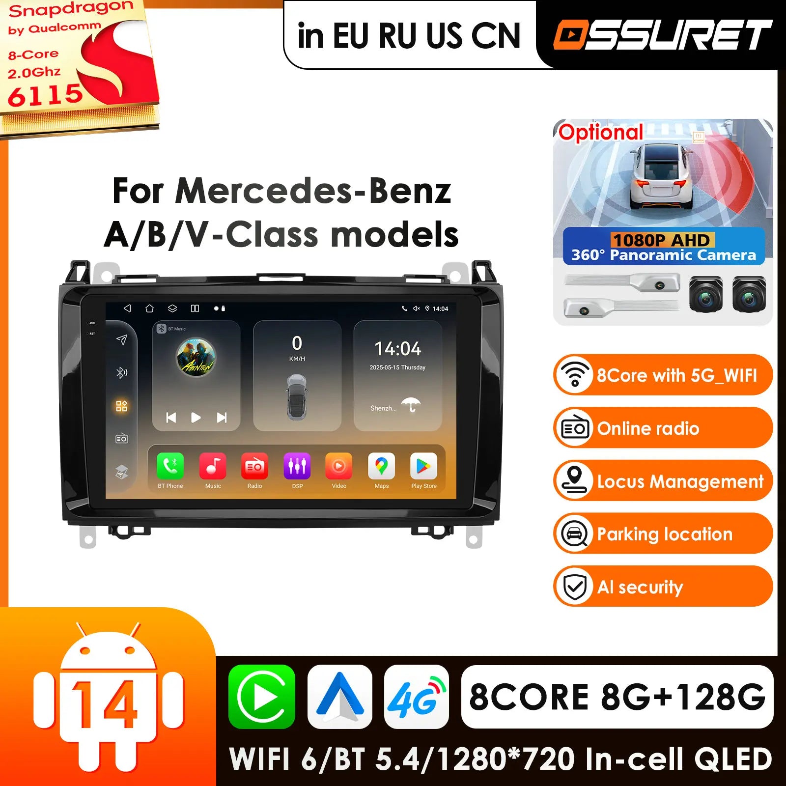12.3" Android 14 Car Radio GPS for Mercedes Benz B200 Sprinter W906 W639 A/B Class W169 W245 Viano Vito - Multimedia Ste