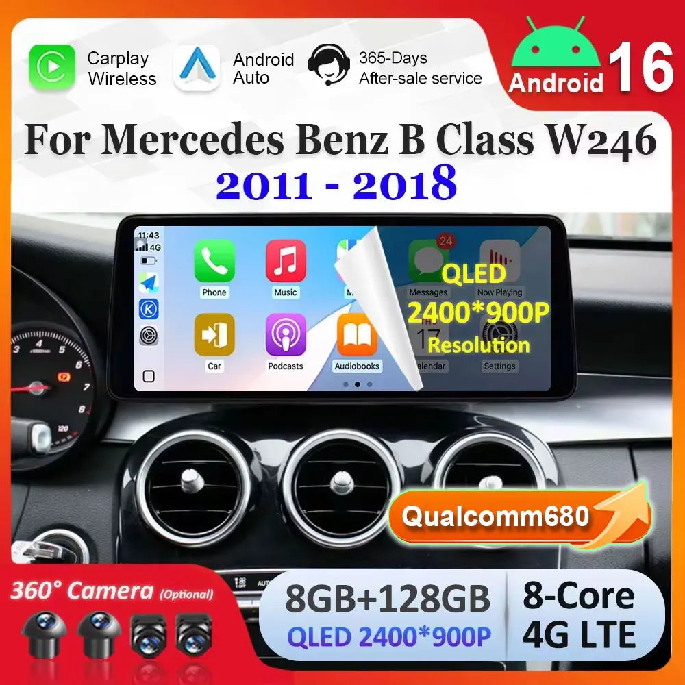 Android 16 for Mercedes Benz B Class W246 2011 - 2018 Ultra-thin QLED Screen Car Radio Vid