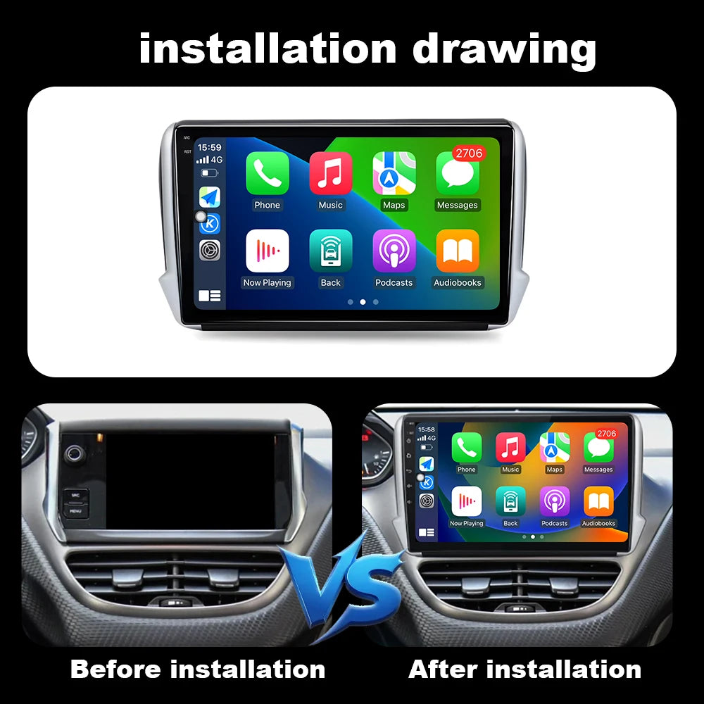 9 inch QLED Android14 For Peugeot 2008 208 Series 2012 2013 2014 - 2018 Car Radio Multimed
