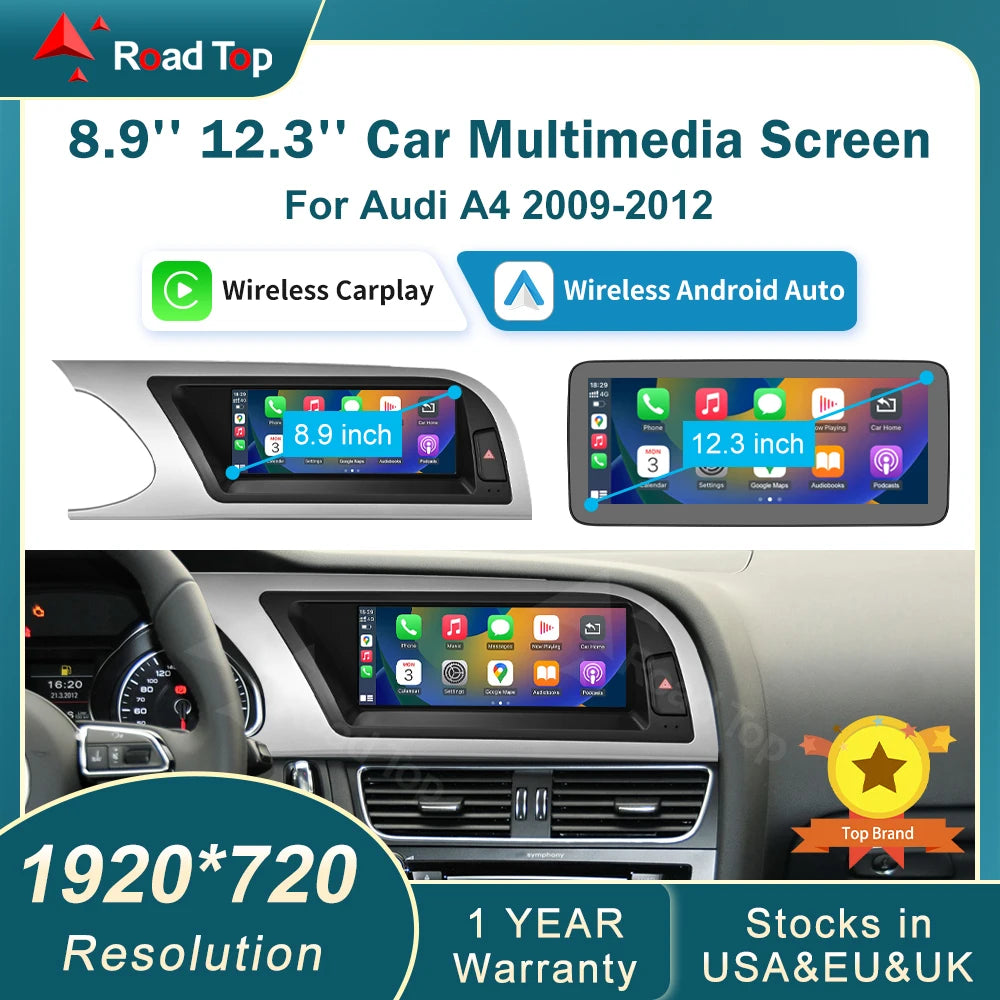 RoadTop 8.9 12.3 Inch Wireless CarPlay Multimedia Ultra-thin Screen Android Auto For Audi