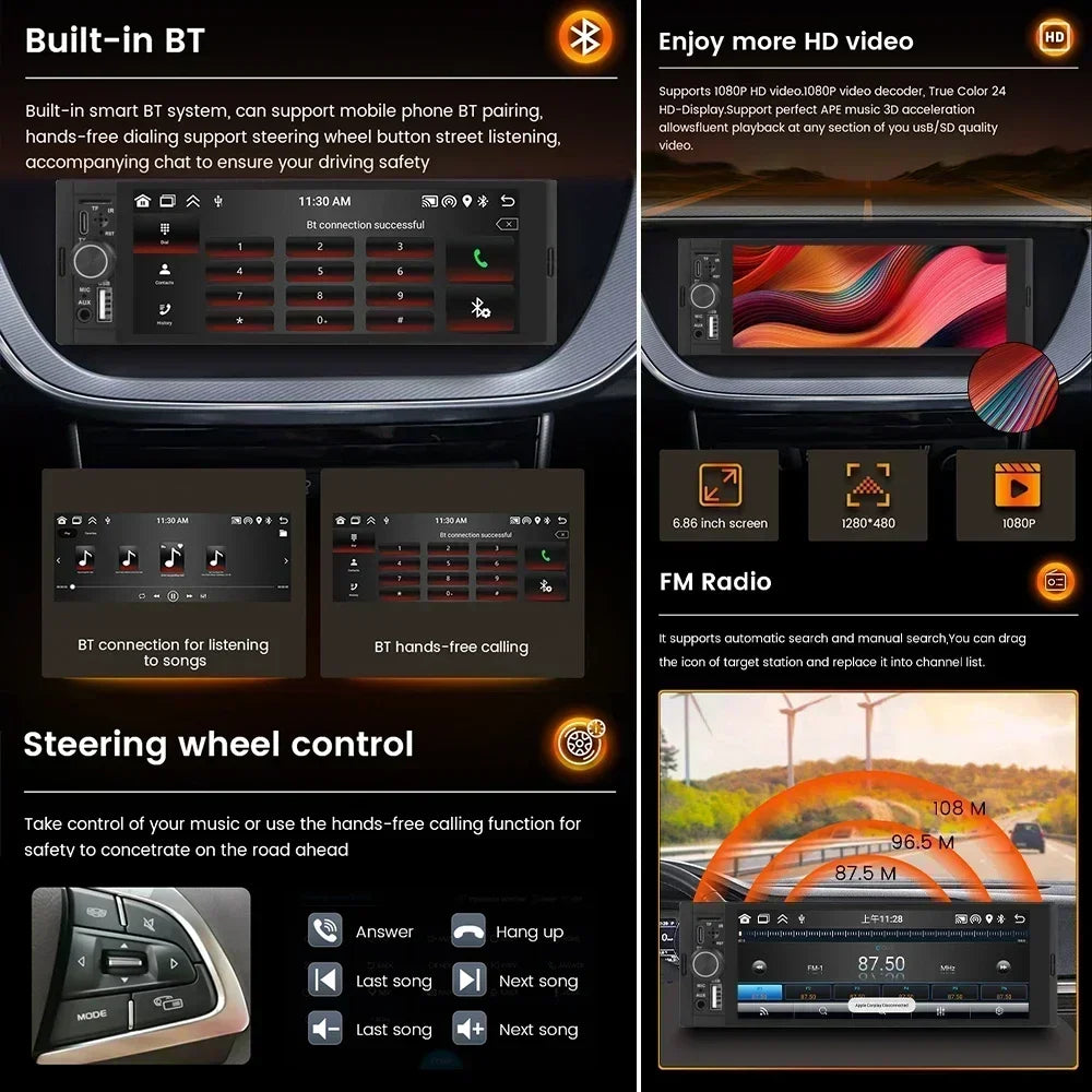 Android Universal 1din Car Multimedia Player 6.86inch HD Touch Screen FM Radio Support Wir | AUTOKITSHOP