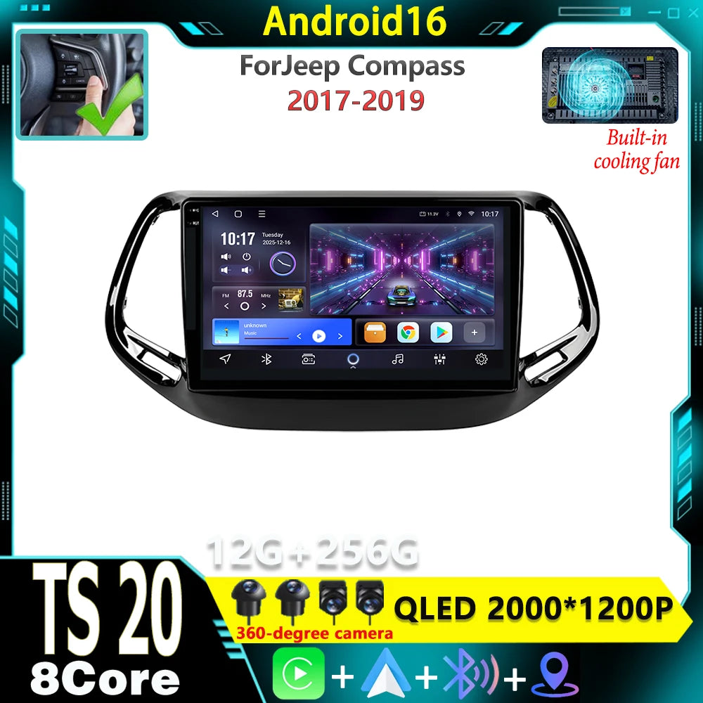 Car Radio for Jeep Compass 2017 - 2019 Android 16 GPS Navigation Stereo Wireless CarPlay A