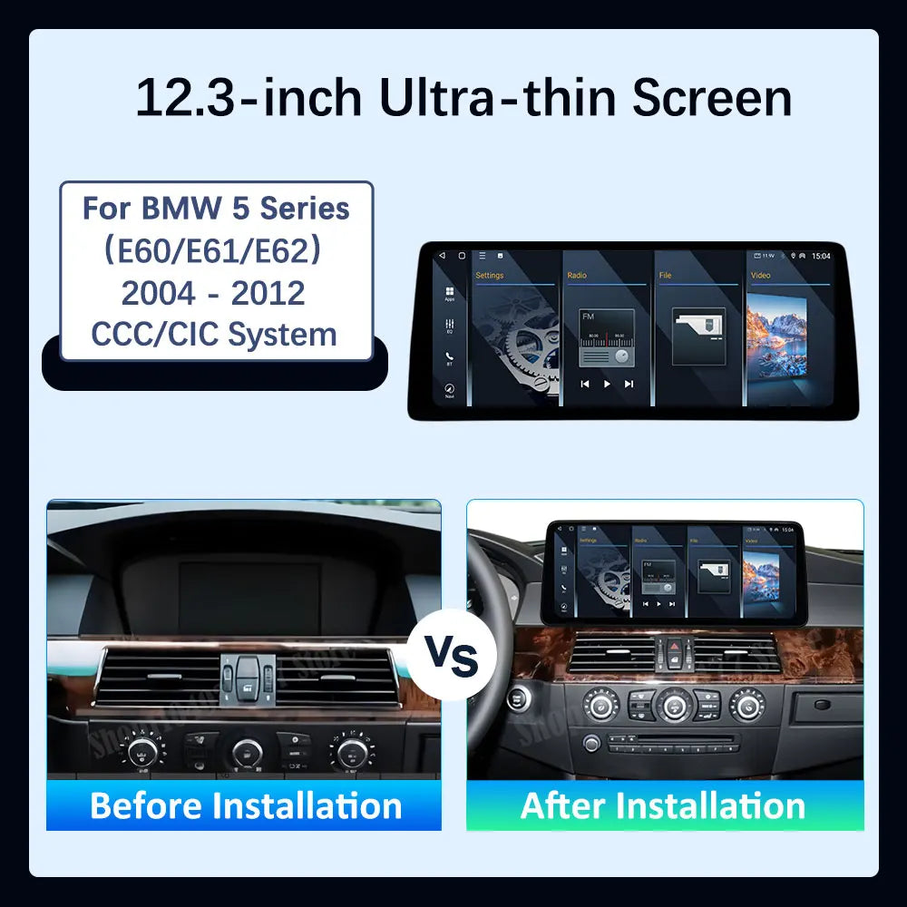12.3 '' Ultra-thin Screen Android 16 BT for BMW 5 Series E60 E61 E62 2004 - 2012 CIC CCC S