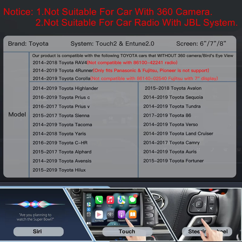 Wireless Carplay Android Auto For TOYOTA Touch 2 Entune 2.0 Highlander Tundra Sienna Prius
