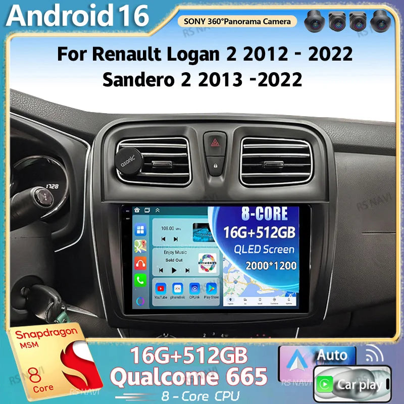 Android 16 For Renault Logan 2 2012 - 2022 Sandero 2 2013 -2022 2K QLED Stereo Car Radio M
