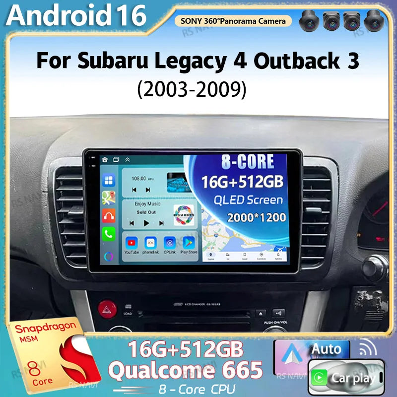 Android 16 For Subaru Legacy 4 Outback 3 2003 - 2009 RHD 2K QLED Stereo Car Radio Multimed
