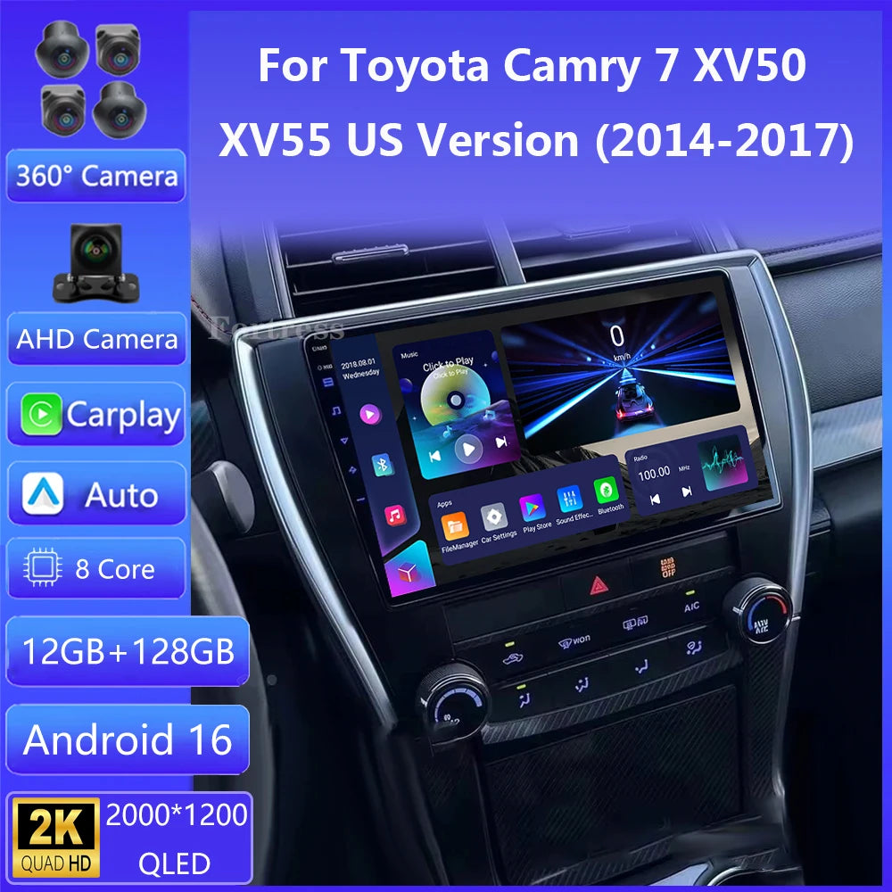 Android 16 Carplay Auto Car Radio For Toyota Camry 7 XV 50 55 2012 - 2017 Navigation GPS M