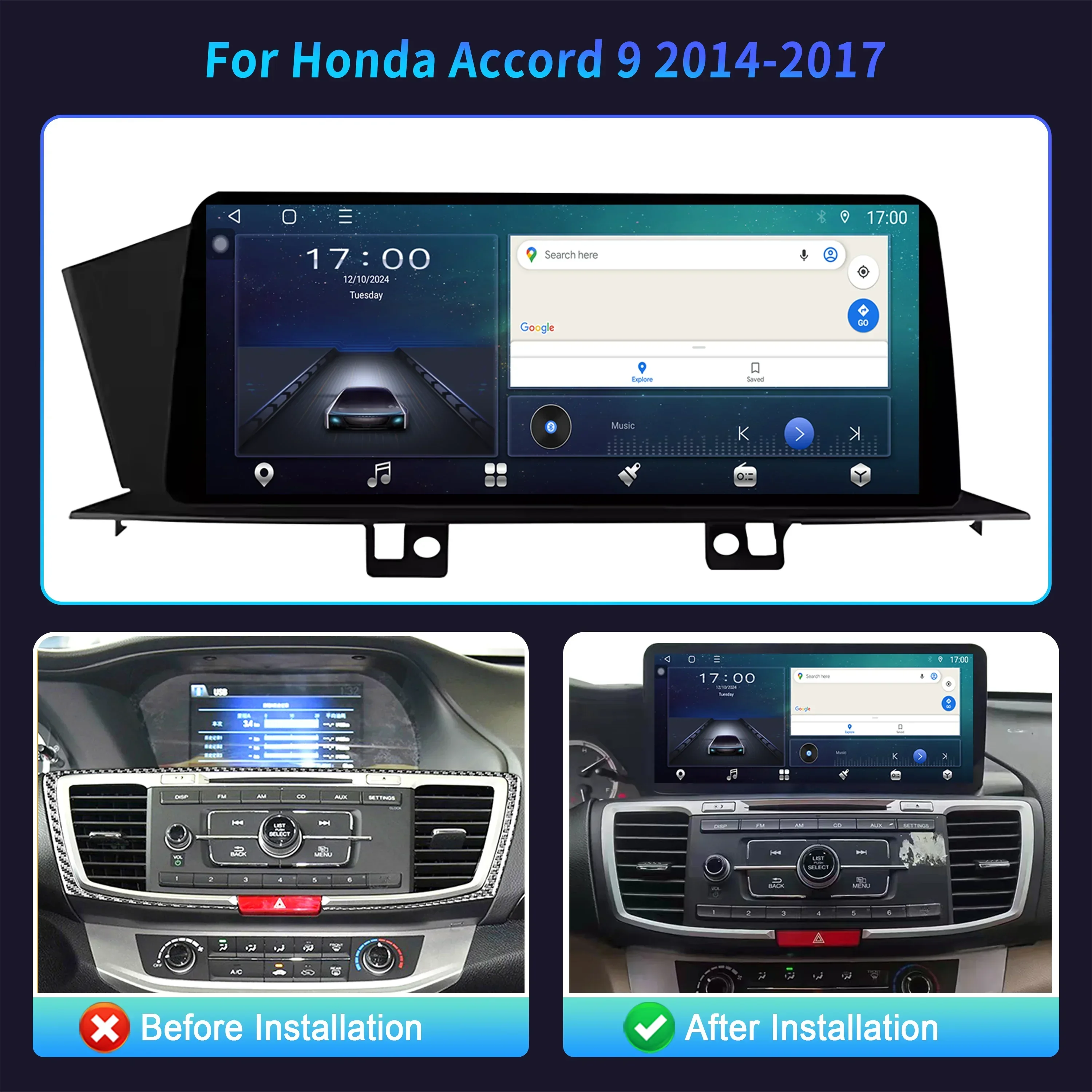 12.3" For Honda Accord 9 2014-2017 Car Radio Multimedia Navigation GPS Wireless Android 15
