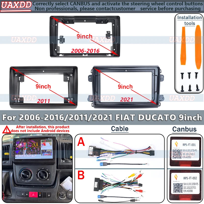 For 2006-2021 FIAT DUCATO 9inch 2 Din Car Android Frame Panel Fascia Harness Adapter Playe