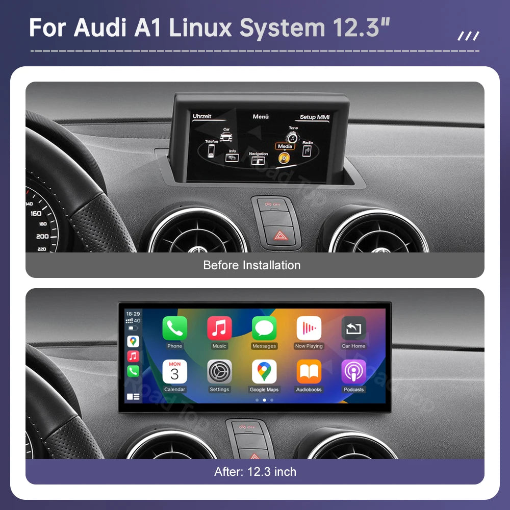 Road Top 12.3" Touch Screen For Audi A1 2012-2018 with Wireless CarPlay Android Auto Airpl | AUTOKITSHOP