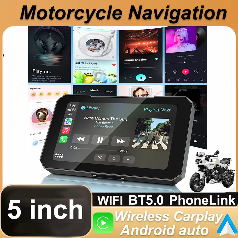5inch Motorcycle Screen Moto DVR GPS Navigation Wireless Carplay Android Auto IP67 Waterpr