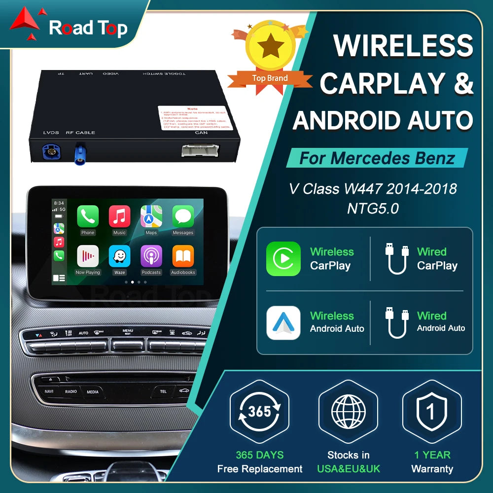RoadTop Wireless CarPlay for Mercedes Benz V-Class W447 2014-2018 Vito Viano, with Android