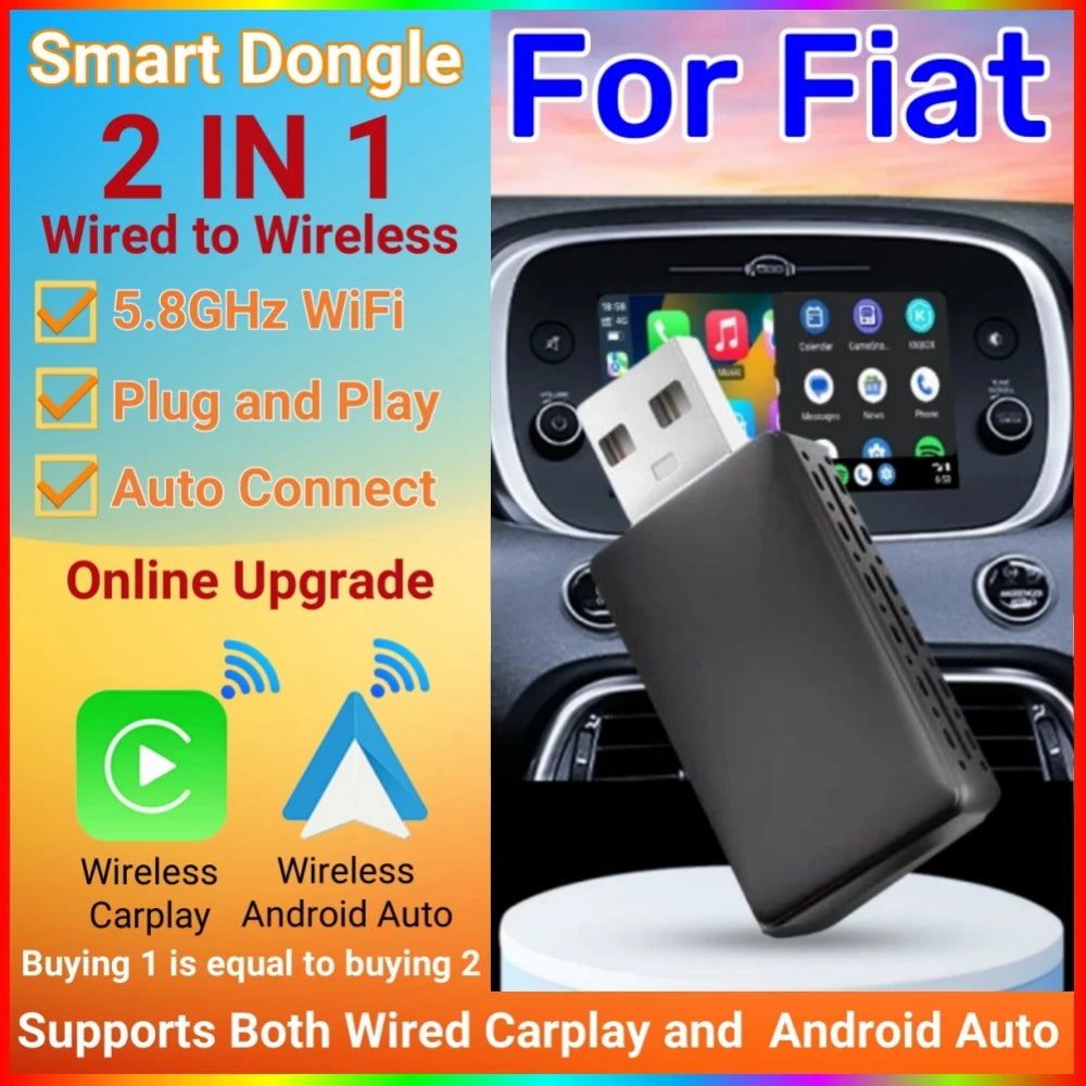 2in 1 Smart Dongle Wireless Carplay Adapter Android Auto Wireless For Fiat 500 New500 500X | AUTOKITSHOP