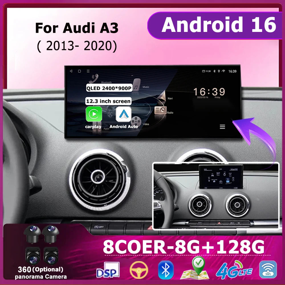 Car Multimedia Radio Video Player Android 16 10.33 "/12.3" for Audi A3 2013 - 2020 Wireles