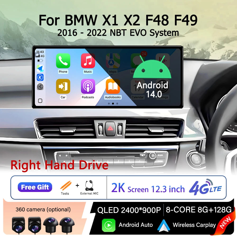 Carplay Android 14 RHD for BMW X1 X2 F48 F49 2016 - 2022 NBT EVO System Car Video Multimed