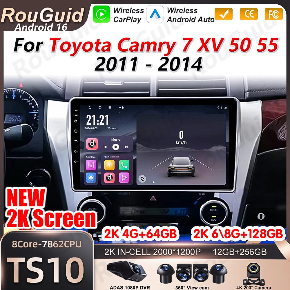 Android16 Auto Car Radio For Toyota Camry 7 XV 50 55 2011 2012 2013 2014 Carplay 5G Wifi V | AUTOKITSHOP