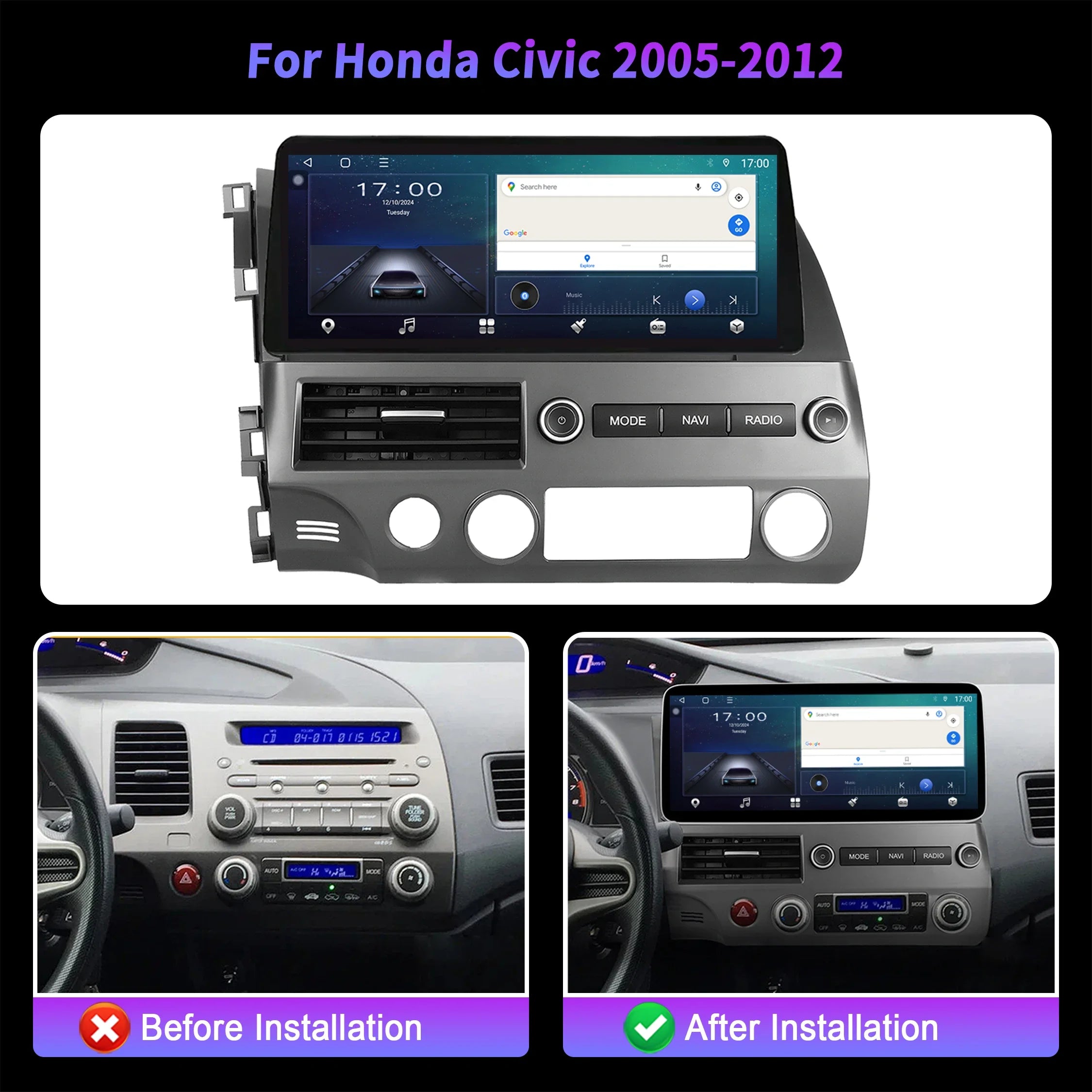 12.3 inch For Honda Civic 2005-2012 Car Radio Multimedia Navigation GPS Wireless Android 1