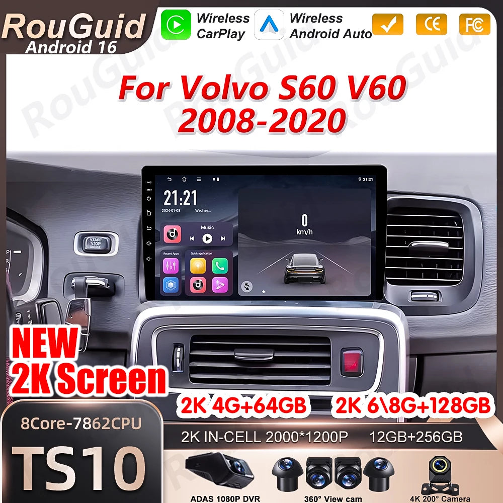 Android 16 Carplay For Volvo S60 V60 2008 2009 2010 - 2020 Car Radio Auto 5G Wifi Multimed | AUTOKITSHOP