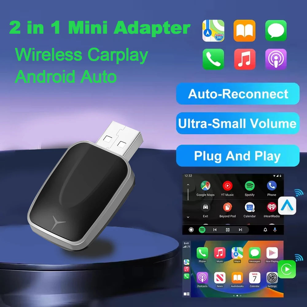 2 In 1 Wired To Wireless Carplay Android Automatic Adapter Car Gadget Smart Box Plug and P